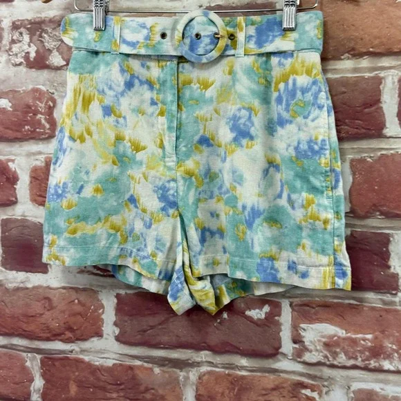 Christian Lacroix Shorts Women's Small Multicolor Abstract Linen Blend Belted - Picture 3 of 8